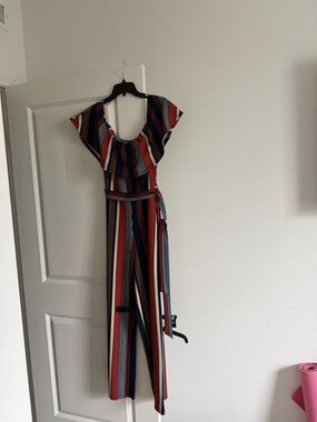 Almost Famous Red, Blue & White Striped Off-Shoulder Jumpsuit